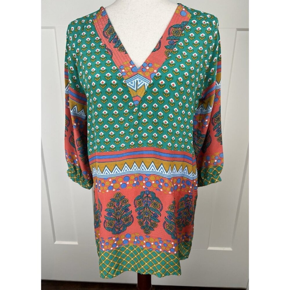 Tolani 100% Silk Tunic XS Boho Floral Border Print V Neck Relaxed Fit Blouse
